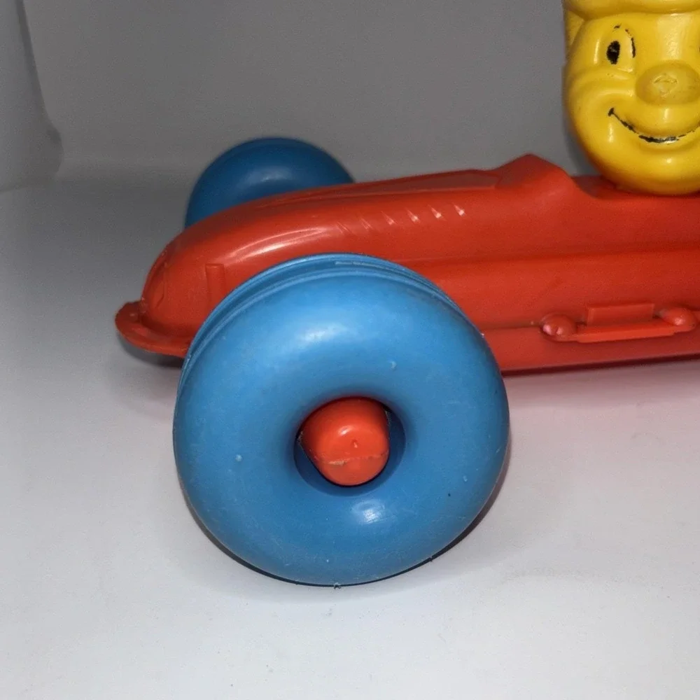 Vintage 1960s Plastic Pull Race Car Red Blue Yellow Driver Toy AS‎ IS